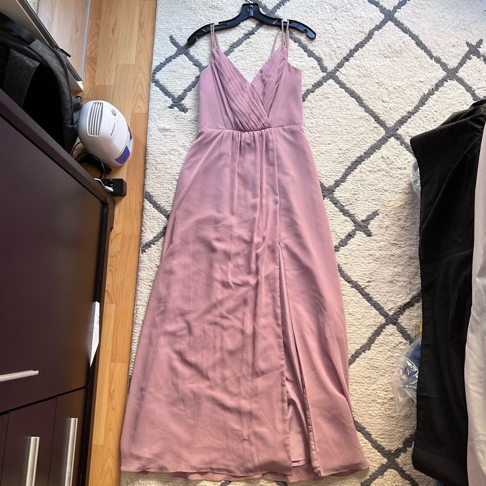 David’s Bridal Rhinestone Strap Long Bridesmaid Dress Quartz - Picture 4 of 16